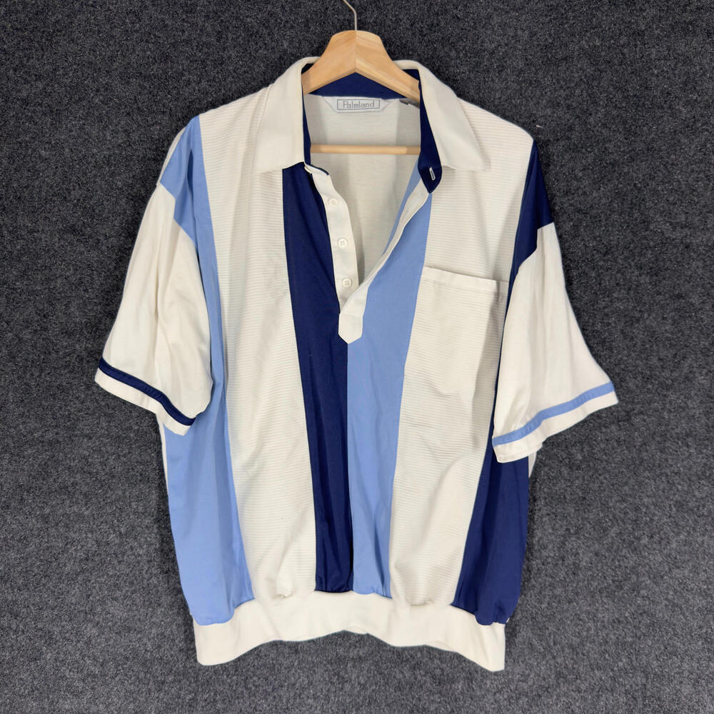 Palmland Polo Shirt Men XL White Striped Button Up Collared Short Sleeve Cotton